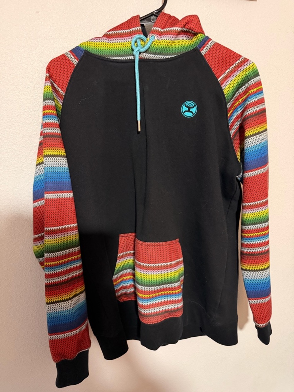 Hooey Black Zip-Up Sweater with Red Multicolor Stripe Sleeves